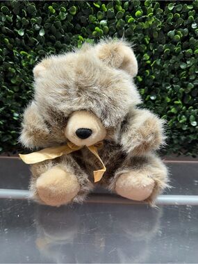 Vintage Plush Brown Teddy Bear with Ribbon - Soft Stuffed Animal